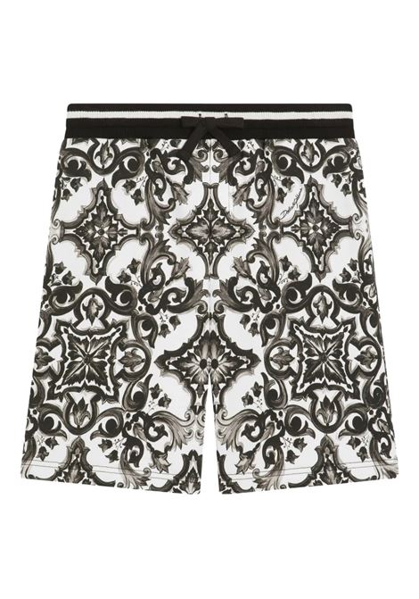 Bermuda In Felpa Con Stampa Maiolica Nera DOLCE & GABBANA KIDS | L4JQP8-II7HRIZ3TN